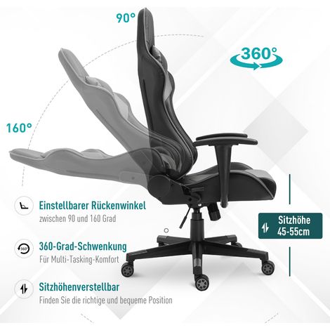 Fauteuil de bureau ergonomique, chaise gaming pivotante, similicuir noir, mousse haute densité, dimensions 67,5 x 74 x 126-136 cm (1/5)