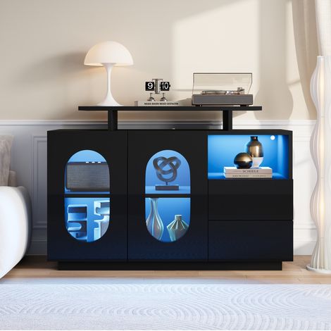 Aparador de madera de ingeniería negro 120x40x80 cm con LED, vitrina de vidrio, baldas regulables y cajones (1/5)