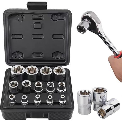 Lot de 14 douilles E Torx,extérieures 1/2", 1/4", 3/8", douilles Torx E E4-E24 en CR-V, extracteur de vis etc. (1/5)