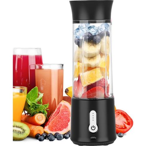 Blender portable avec fonction de chargement USB – Appareil à smoothies compact avec bol en verre de 500 ml – Lames en acier inoxydable 304 – Idéal pour les milkshakes et les smoothies (Noir) (1/5)