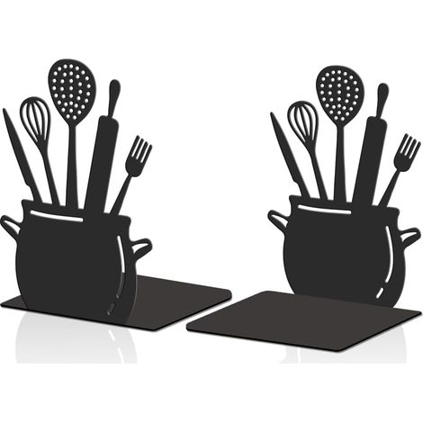 Lot de 2 serre-livres de cuisine noirs - 11 x 13,5 x 20 cm - Cuillère décorative avec tapis antidérapant - Pour livres de cuisine - Pour la rentrée scolaire - Petits grands livres lourds (1/5)