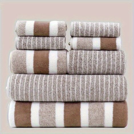 Ensemble de 8 serviettes de bain de luxe pour hôtel - Serviettes bicolores et rayées ultra-douces, super absorbantes et non pelucheuses, comprenant 2 grandes serviettes de bain, 2 serviettes pour les