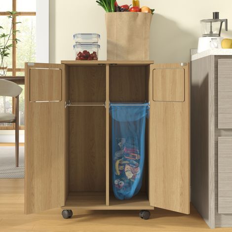 MEUBLIV Mülltrennschrank 46,7x35x80,3 cm Natur – 2 Fächer auf Rollen (1/5)