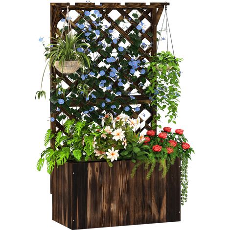 Freestanding Wooden Planter Box with Trellis,Raised Garden Bed for Vegetables,Herbs,and Flowers,Includes Drainage Holes and Liner