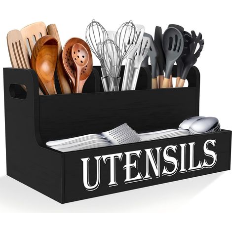 Grand support d'ustensiles de cuisine à 2 niveaux avec 3 compartiments, organiseur d'ustensiles en bois blanc pour comptoir de cuisine, décoration de cuisine rustique, ustensiles de cuisine noir (1/5)