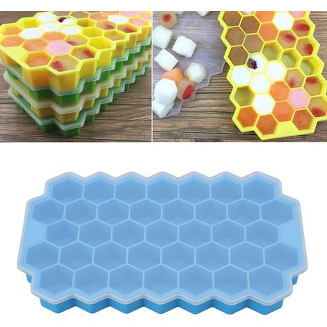 Bac à glaçons en silicone pur à 37 compartiments, motif nid d'abeille, avec couvercle, récipient pour aliments pour bébés en silicone fait maison, bleu avec couvercle. (1/5)