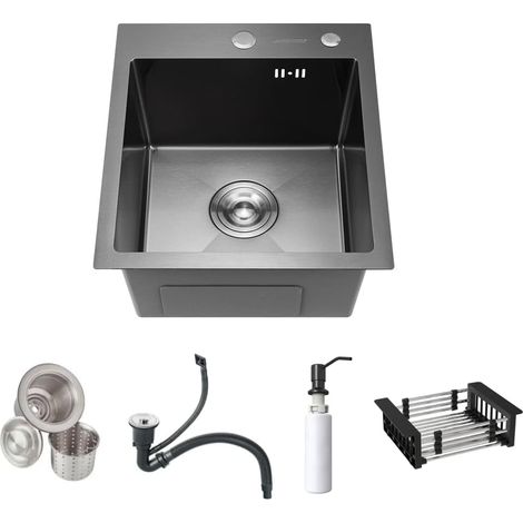 Kitchen Sink in Stainless Steel, Grey, Worktop Installation with Accessories, Drain and Basket 40 x 45 x 22 cm Black (1/5)