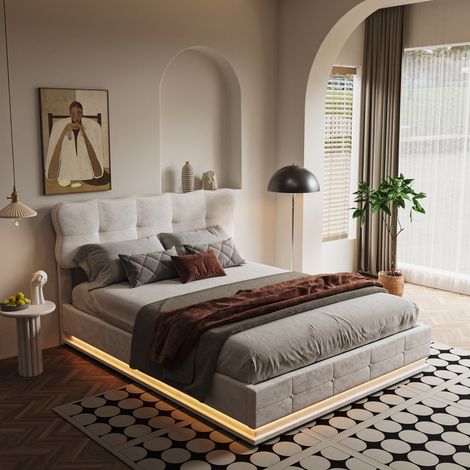 Lit coffre double adulte 140x200 cm rembourré avec rangement hydraulique, éclairage LED, sommier à lattes, velours (1/5)
