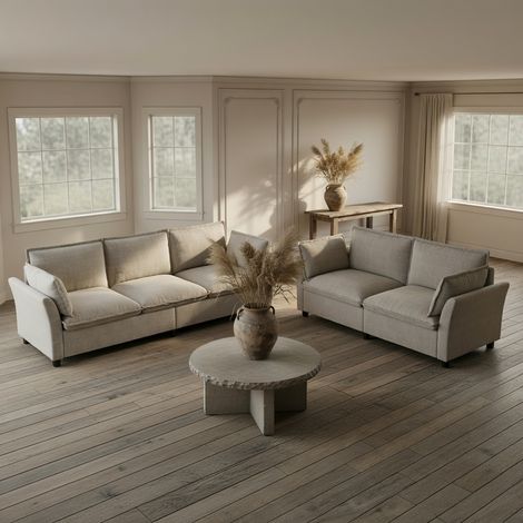 3-2 Canapé modulable, composition libre, tissu chenille, 3 places + 2 places, avec coussins, rembourrage moelleux, beige (1/5)