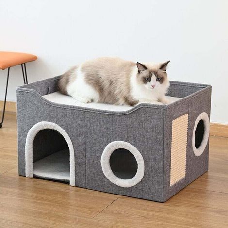 Indoor Cat Nest Bed.Cat House. Indoor kennel with removable, washable padded cushion, so cats can sleep, hide, frolic and scratch (Grey, 55x40x40cm) (1/2)