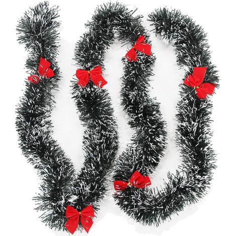 Ghirlanda natalizia decorativa, ghirlanda di tinsel bianco neve verde scuro con fiocchi rossi, decorazione per albero di Natale per feste, 2 pezzi/set, 1,98 m/pezzo
