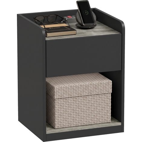 HOMCOM Bedside Table with Drawer and Open Shelf, Black and Grey Wood Effect (1/5)