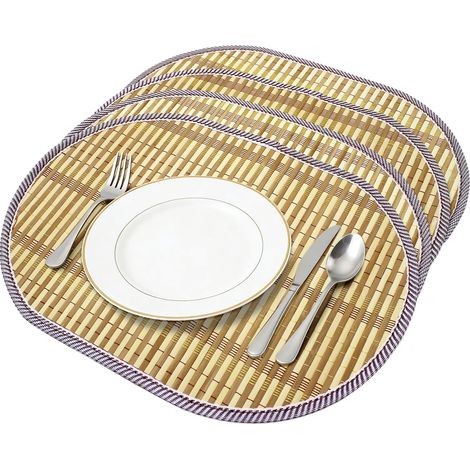 Lot de 4 sets de table ovales en bambou, 43 × 30 cm, résistants à la chaleur, lavables, enroulables, pour cuisine, table à manger (1/5)
