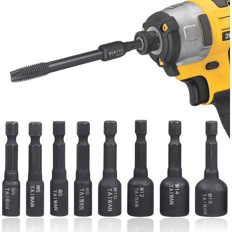8 pièces M4-M16 adaptateur taraud douilles, 1/4 pouce tige hexagonale taraud douilles adaptateur tournevis à frapper jeu de douilles taraud pour perceuse (1/5)