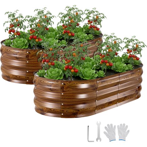 VEVOR Fioriera Rialzata Zincata 2 pezzi 1200x600x300 mm Set di Fioriere Ovali in Metallo per Esterno, Aiuola Rialzata Senza Fondo in Metallo per Coltivazione Fiori Verdure Orto Colore Legno (1/5)