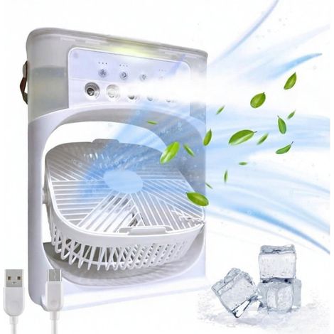Ventilateur Portable Humidificateur – Mini Rafraîchisseur Air avec LED Couleur – Minuterie, 3 Vitesses, 3 Modes Pulvérisation – Pour Bureau et Maison – Blanc (1/5)