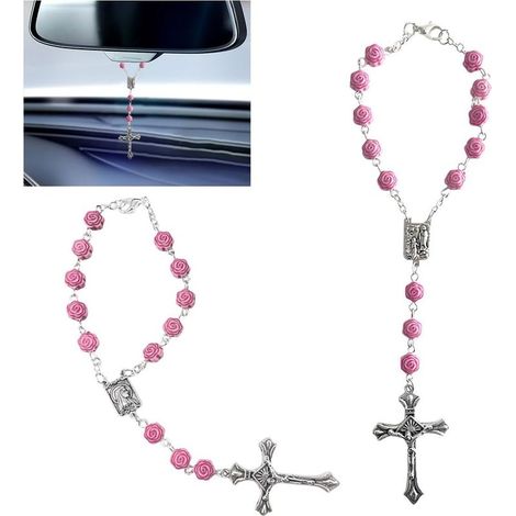 Ensemble de 2 supports pour chapelet de voiture roses, décoration pour rétroviseur, médaille et croix, accessoire de suspension personnalisé, convient aux hommes et aux femmes (rose) (1/3)