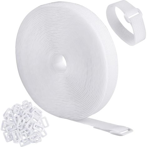 Attaches de câble réglables de 10 m avec 20 boucles, attaches de câble réutilisables noires, sangles de gestion de câbles Velcro (10 m x 2 cm, blanches) (1/5)