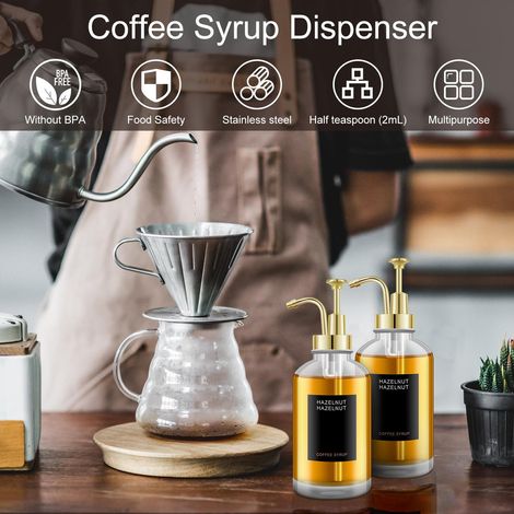 2-teiliges Kaffeesirup-Spender-Set mit 9 Etiketten und einem Silikontrichter in einer 500-ml-Sirupflasche aus Klarglas. (1/5)