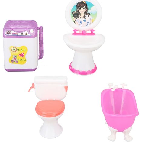 Set De Salle De Bain Miniature - Pour Maison De Poupée - Baignoire Lavabo Machine À Laver Miroir Support - 6 Pièces (1/5)