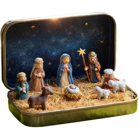 Petite crèche de Noël - Crèche de Noël de poche, petites figurines 3D, décoration religieuse de Noël (1/5)