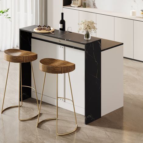 Îlot de cuisine avec comptoir bar, table multifonctionnelle pour cuisine et salle à manger, espace repos pour animaux, finition blanc et imitation marbre noir, 120x80x100 cm (1/5)