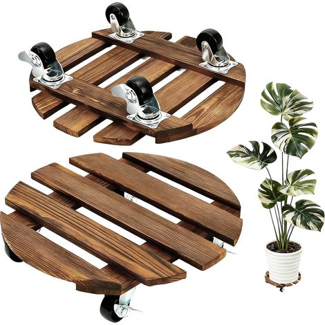 Porte Plante a Roulettes, 2 Supports de Pots de Fleurs à Roulettes, avec Roulette Coulissantes Verrouillables à 360°, Capacite 120kg, Support pour Plante d'Intérieur avec Roulettes de 30 cm, Brun (1/5)