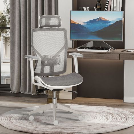 Chaise de bureau ergonomique avec rotation à 360°, roulettes, dossier en maille, hauteur réglable et accoudoirs 3D pour le télétravail, grise. (1/5)