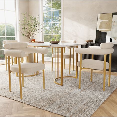 Esszimmerstuhl mit breiter Sitzfläche, ergonomische Rückenlehne, Samt, Beige und Golden (1/5)