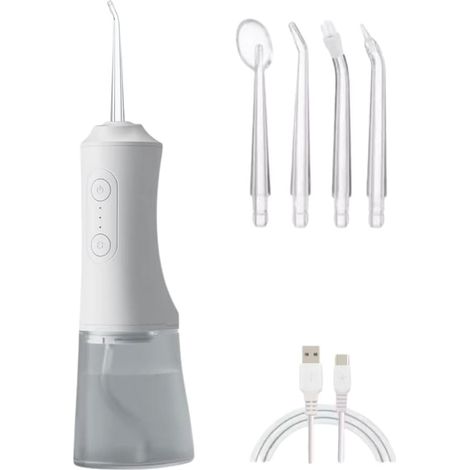 Hydropulseur dentaire pour dents – Irrigateur buccal portable sans fil de 300 ml avec 4 embouts de jet, 3 modes, rechargeable, étanche, compatible avec le dentifrice Oral B, blanc (1/5)