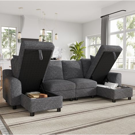 Sofá esquinero en forma de U de 280 x 137 x 84 cm en chenilla, con espacio de almacenamiento, 2 chaise longues, para uso diario - gris (1/5)