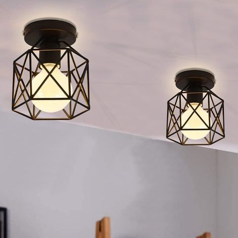 MINKUROW Set Di 2 Plafoniere A Gabbia Quadrata In Metallo Industriale, Lampadario Da 14 Cm Con Paralume In Ferro E27 40 W Nero Per Soggiorno, Camera Da Letto, Bar (Esagonale) Senza Lampadina (1/4)