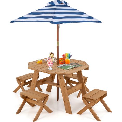 COSTWAY Wooden Octagon Table Set Kids Outdoor Toddler Wooden Picnic Table w/Umbrella