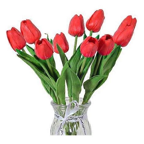 Lot de 10 fleurs artificielles avec tige, réalistes, pour mariage, maison ou bureau, centre de table, tulipes, fausses branches, composition florale.rouge (1/5)