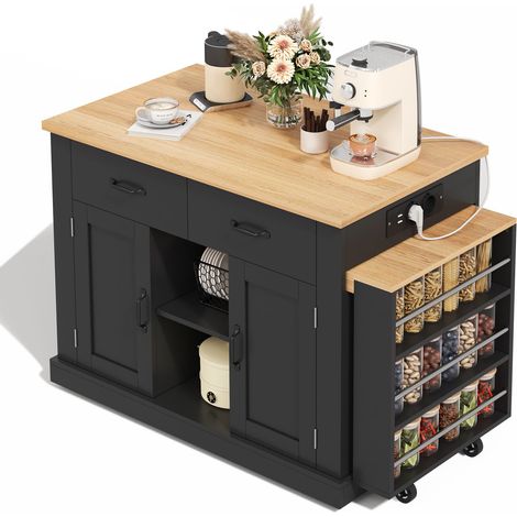 ELVMI Carro de Cocina con 2 Puertas, 2 Cajones, Estantes Ajustables y Enchufes, de MDF, 132(235) x 70 x 90 cm, Negro (1/5)