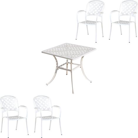 Inko 5-teilige Sitzgruppe Aluminium Guss weiß Tisch 80x80cm mit 4 Sesseln