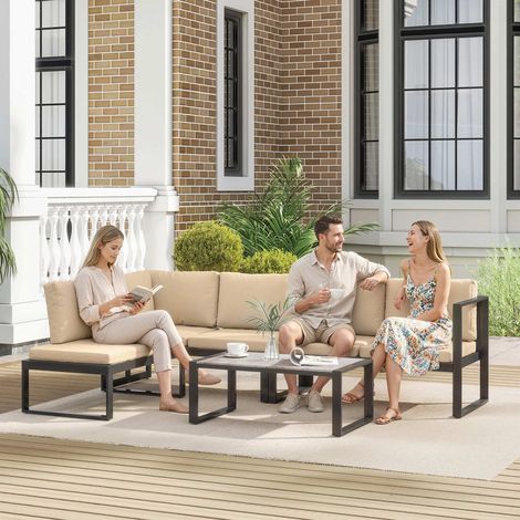 Conjunto de Jardín Exterior de 4 Piezas con 2 Sofás de 2 Plazas 1 Sillón sin Brazos y Mesa de Centro con Cojines Caqui (1/5)
