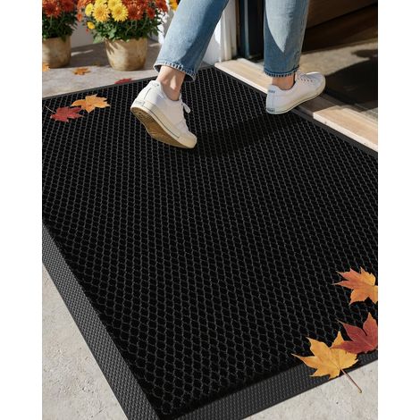 Tappeto da esterno elastico in seta impermeabile - Zerbino antiscivolo per ingresso e patio - Asciugatura rapida e resistente, retro in gomma, 60 x 90 cm, nero