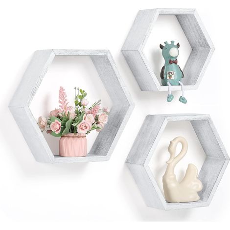 Lot de 3 étagères flottantes hexagonales en bois nid d'abeille Étagère murale en nid d'abeille Décoration murale hexagonale avec matériel de suspension pour chambre à coucher, salon, cuisine (1/5)