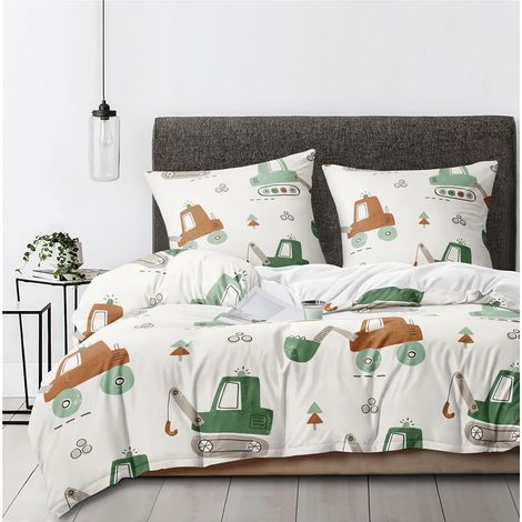 Parure de lit douce avec housse de couette 135 x 200 cm et 1 taie d'oreiller 80 x 80 cm pour enfant Motif tracteur et pelleteuse Grue Beige (1/5)
