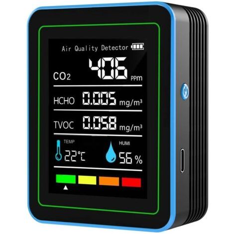 Moniteur de CO2, 5 en 1 de qualité de l'air intérieur, détecteur de dioxyde de Carbone Portable, rétroéclairage LCD, CO2, TVOC, HCHO, PM2.5, PM10, testeur avec réveil pour la Maison (1/4)