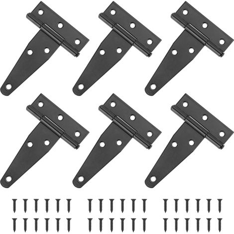 bisagras en T negras de hierro galvanizado de alta resistencia para puertas, 75 mm, con tornillos de montaje, para puertas de granero, portones y ventanas de madera, cobertizos de jardín. (1/4)