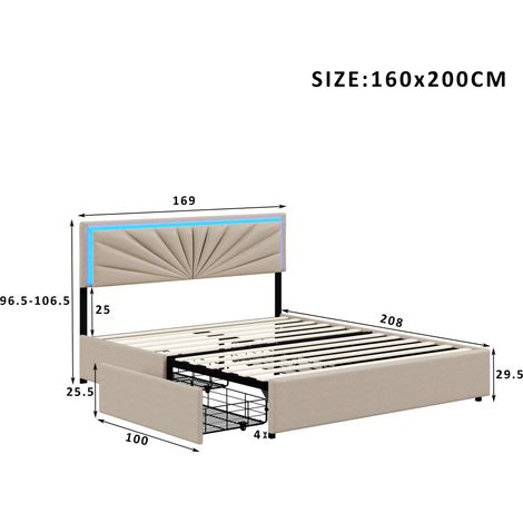 Dans Les Nuages – Lit double capitonné 160x200 cm – Tissu lin beige – Éclairage LED télécommandé – 4 tiroirs de rangement – Style scandinave moderne