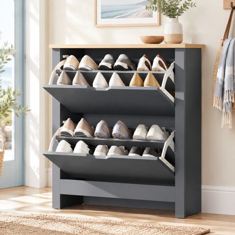 Zapatero 72 x 26 x 80 cm gris oscuro con 2 compartimentos abatibles y separadores regulables (1/5)