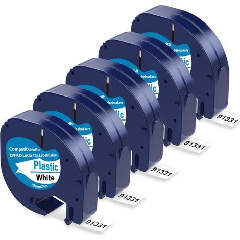 royaluxe -Ruban pour étiqueteuse compatible pour Dymo LetraTag Ruban Plastique 12mm x 4m Noir sur Blanc, Recharge Dymo Ruban pour LT-100H LT-100T XR LT-110T(Dymo LetraTag Plastic White Label Tape S072 (1/5)