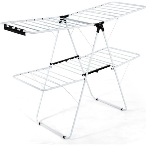 GOPLUS étendoir à Linge à 2 Niveaux,avec Barre de Support Réglable,26 Pinces,Cintre à Linge Pliable,Gain de Place et Collapsible (1/5)