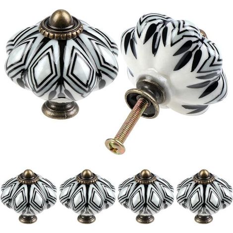 Ensemble de 6 boutons de meuble ronds en céramique - Style citrouille antique (1/4)