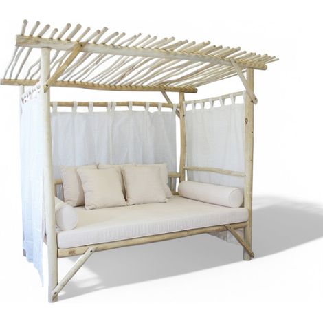 Gazebo letto in legno teak con cuscini bianchi 250x180xH204 cm (1/5)