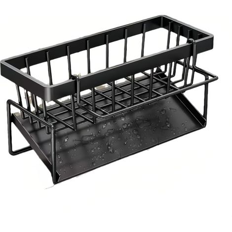 Organizador de fregadero de acero al carbono, jabonera con escurridor automático y soporte para esponja con toallero extraíble para encimera de cocina, color negro. (1/5)