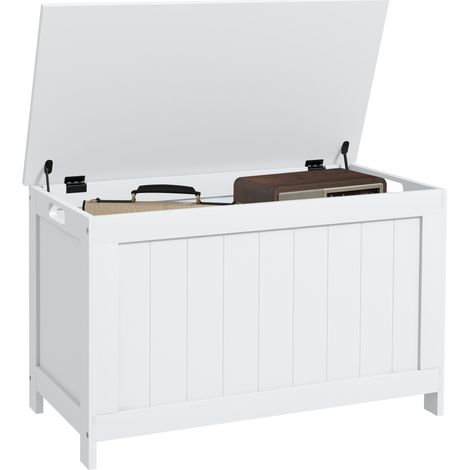 Storage Chest, Modern Storage Trunk with 2 Safety Hinges and Cut-out Handles, Wooden Toy Box for Living Room, Entryway, 76 x 40 x 48 cm, White